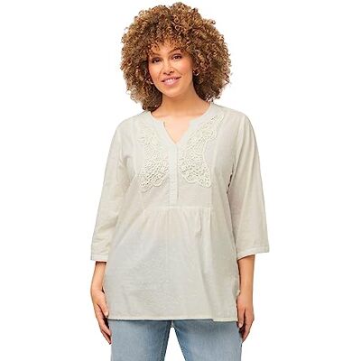 806879 Ulla Popken Damska tunika, struktura, koronka, linia A, rękawy 3/4, biała, 50/52 806879 Ulla Popken Damska tunika, struktura, koronka, linia A, rękawy 3/4, biała, 50/52