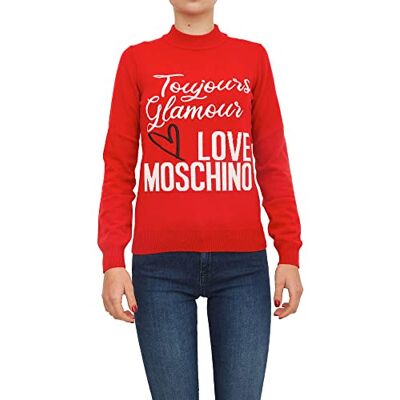 W S D21 11 X 1434 Love Moschino Damski krój Regular Fit Turtleneck Long Sleeve with Embroidered Slogan and Logo Intarsia in Front Sweater, czerwony, 46 W S D21 11 X 1434 Love Moschino Damski krój Regular Fit Turtleneck Long Sleeve with Embroidered Slogan and Logo Intarsia in Front Sweater, czerwony, 46