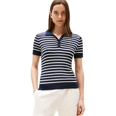 WW0WW41474 Tommy Hilfiger Damska koszulka polo z krótkim rękawem i zapięciem na guziki, Niebieski (ciemny nocny granat/Ivory Silk Stp), XL WW0WW41474 Tommy Hilfiger Damska koszulka polo z krótkim rękawem i zapięciem na guziki, Niebieski (ciemny nocny granat/Ivory Silk Stp), XL