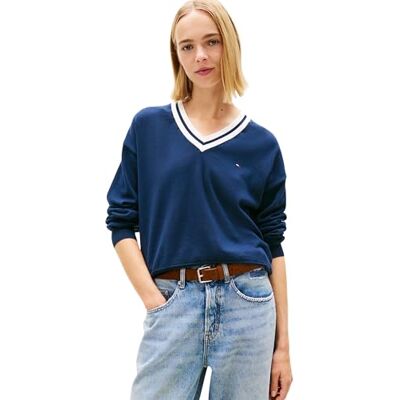 DW0DW22778C1GS Tommy Jeans Damski sweter Tjw RLX V-Neck Tipping DW0DW22778 Sweter, niebieski (Dark Night Navy), S DW0DW22778C1GS Tommy Jeans Damski sweter Tjw RLX V-Neck Tipping DW0DW22778 Sweter, niebieski (Dark Night Navy), S