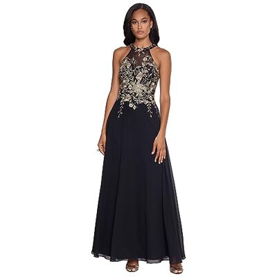BGD Betsy & Adam Women's Petite Long Embroidered Halter Chiffon Gown, Black/Gold BGD Betsy & Adam Women's Petite Long Embroidered Halter Chiffon Gown, Black/Gold