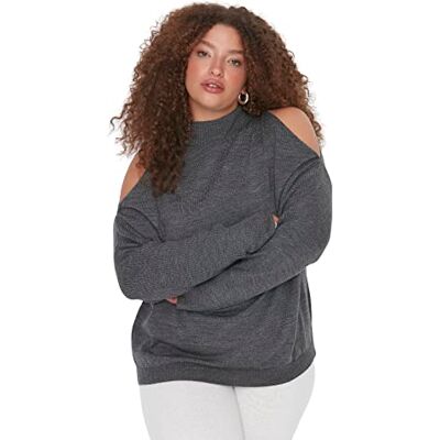 TBBAW23AN00025 Trendyol Damska bluza z wysokim dekoltem, jednokolorowa, luźna, plus size, antracytowa, XXL, Antracyt TBBAW23AN00025 Trendyol Damska bluza z wysokim dekoltem, jednokolorowa, luźna, plus size, antracytowa, XXL, Antracyt