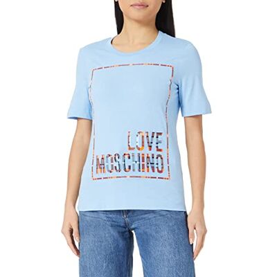 W 4 F15 3Z M 3876 Love Moschino Koszulka damska o regularnym kroju z logo Check Box Shiny Print, jasnoniebieska, 46 W 4 F15 3Z M 3876 Love Moschino Koszulka damska o regularnym kroju z logo Check Box Shiny Print, jasnoniebieska, 46