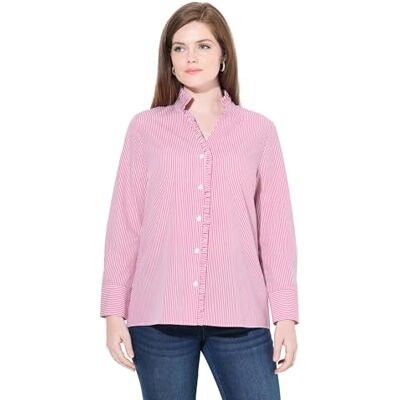 829784 Ulla Popken damska duże rozmiary plus size bluzka w paski, falbanki, stójka, długi rękaw, Ciemny ślaz, 46-48 829784 Ulla Popken damska duże rozmiary plus size bluzka w paski, falbanki, stójka, długi rękaw, Ciemny ślaz, 46-48