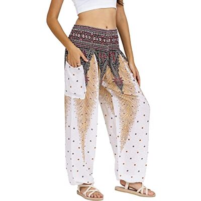 MEG004-RYBH.AMZDE Lofbaz Damskie spodnie haremowe z nadrukiem ze sztucznego jedwabiu w talii boho, Paw 1 biały, M MEG004-RYBH.AMZDE Lofbaz Damskie spodnie haremowe z nadrukiem ze sztucznego jedwabiu w talii boho, Paw 1 biały, M