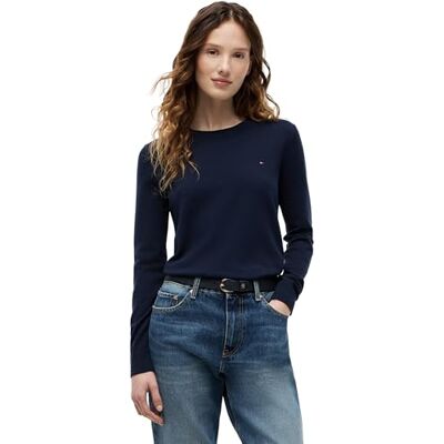 WW0WW44984C1GS Tommy Hilfiger Damski sweter z cienkiego dżerseju z okrągłym dekoltem, Niebieski (Dark Night Navy), S WW0WW44984C1GS Tommy Hilfiger Damski sweter z cienkiego dżerseju z okrągłym dekoltem, Niebieski (Dark Night Navy), S