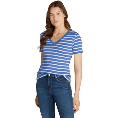 WW0WW40584 Tommy Hilfiger Damska koszulka Slim Cody V-NK SS S/S, niebieska, XXS, Niebieski (Fine Stp Blue Spell/Ivory Petal), XXS WW0WW40584 Tommy Hilfiger Damska koszulka Slim Cody V-NK SS S/S, niebieska, XXS, Niebieski (Fine Stp Blue Spell/Ivory Petal), XXS