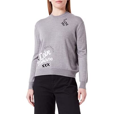 W S M39 11 X 1148 Love Moschino Damski sweter o regularnym kroju z długim rękawem z okrągłym dekoltem z emblematami, miks, Medium Gray, 48 W S M39 11 X 1148 Love Moschino Damski sweter o regularnym kroju z długim rękawem z okrągłym dekoltem z emblematami, miks, Medium Gray, 48