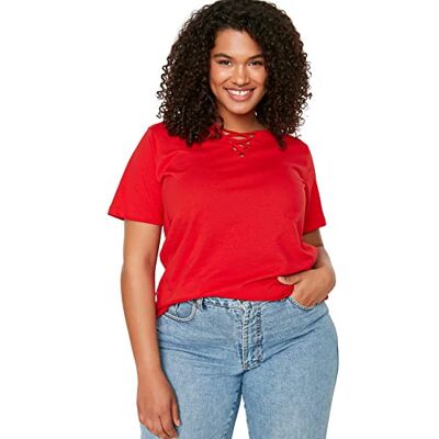 TBBSS22TS1027 Trendyol Damska koszulka Plus Size Regular Standard V Neck Woven Plus Size Red, Czerwony, XLus TBBSS22TS1027 Trendyol Damska koszulka Plus Size Regular Standard V Neck Woven Plus Size Red, Czerwony, XLus