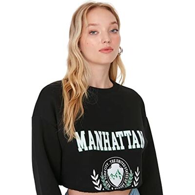 TWOAW23SW00558 Trendyol Regularne Bluza Okrągły Dekolt Slogan Dzianiny Kombinezon Damski, Czarny, XL TWOAW23SW00558 Trendyol Regularne Bluza Okrągły Dekolt Slogan Dzianiny Kombinezon Damski, Czarny, XL