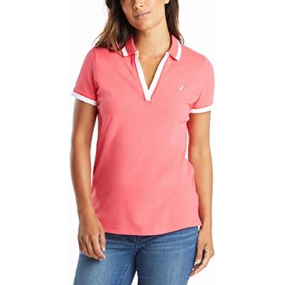 9304ZK-6GR-XL Nautica Damska koszulka polo o klasycznym kroju w paski z dekoltem w serek, elastyczna bawełniana koszulka polo, Rouge Pink, XL 9304ZK-6GR-XL Nautica Damska koszulka polo o klasycznym kroju w paski z dekoltem w serek, elastyczna bawełniana koszulka polo, Rouge Pink, XL