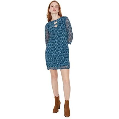 TWOAW23EL00815 TRENDYOL Damska sukienka z dzianiny z okrągłym dekoltem, mała sukienka midi z ruffle, granatowy, 42 TWOAW23EL00815 TRENDYOL Damska sukienka z dzianiny z okrągłym dekoltem, mała sukienka midi z ruffle, granatowy, 42