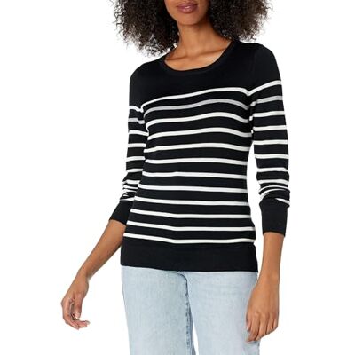 WAE35006FL18-BWG-2XL Amazon Essentials Damski sweter z długim rękawem i okrągłym dekoltem (dostępny w rozmiarze plus), czarny/biały/szary, paski, XXL WAE35006FL18-BWG-2XL Amazon Essentials Damski sweter z długim rękawem i okrągłym dekoltem (dostępny w rozmiarze plus), czarny/biały/szary, paski, XXL