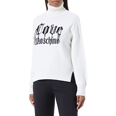W S D36 11 X 1518 Love Moschino Damski prosty krój Turtleneck Particular Love Intarsia with Flying Threads and Embroidery Pullover Sweater, optical white, 42 W S D36 11 X 1518 Love Moschino Damski prosty krój Turtleneck Particular Love Intarsia with Flying Threads and Embroidery Pullover Sweater, optical white, 42