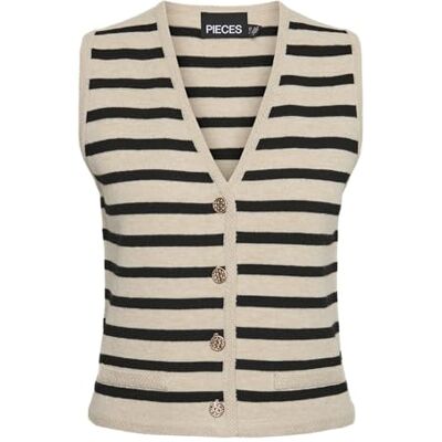 17153283 Pcnisa Knit Vest Pa Bc, Cloud Dancer/Stripes:black, S 17153283 Pcnisa Knit Vest Pa Bc, Cloud Dancer/Stripes:black, S