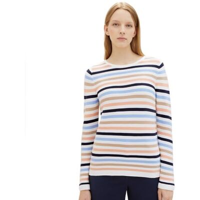 1016350 TOM TAILOR Damski sweter z dzianiny z bawełny ekologicznej, 34798 Peach Blue Ottoman Stripe, XS 1016350 TOM TAILOR Damski sweter z dzianiny z bawełny ekologicznej, 34798 Peach Blue Ottoman Stripe, XS