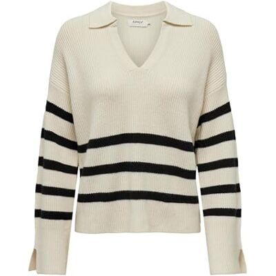 15309245 ONLY Damski sweter z dzianiny Onlmonna Ls Split Neck Collar KNT, Cloud Dancer/Stripes:black, M 15309245 ONLY Damski sweter z dzianiny Onlmonna Ls Split Neck Collar KNT, Cloud Dancer/Stripes:black, M