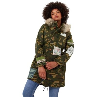 WJ680A Joe Browns Moda damska Boutique haftowana naszywka kamuflaż sztuczne futro wykończenie parka z kapturem, regularny krój, khaki, UK 10, Khaki, 36 WJ680A Joe Browns Moda damska Boutique haftowana naszywka kamuflaż sztuczne futro wykończenie parka z kapturem, regularny krój, khaki, UK 10, Khaki, 36