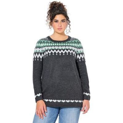834122 Ulla Popken Damski duży rozmiar, plus size, sweter norweski, okrągły dekolt, długi rękaw, miękka dzianina , ciemnoszary melan?, 46-48 834122 Ulla Popken Damski duży rozmiar, plus size, sweter norweski, okrągły dekolt, długi rękaw, miękka dzianina , ciemnoszary melan?, 46-48