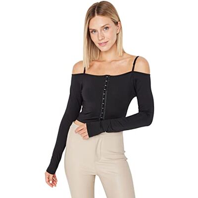 TWOAW22BZ0214 Trendyol Damska dopasowana bodycon Carmen kołnierz dzianinowa bluzka koszula, Czarny, L TWOAW22BZ0214 Trendyol Damska dopasowana bodycon Carmen kołnierz dzianinowa bluzka koszula, Czarny, L