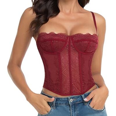 Corset-Burgundy-M Raxnode Koronkowy gorset dla kobiet, seksowny top z klamrą na imprezę, Burgund, M Corset-Burgundy-M Raxnode Koronkowy gorset dla kobiet, seksowny top z klamrą na imprezę, Burgund, M