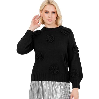 PL9-0437 Lovedrobe Women's Jumper Ladies bluza z okrągłym dekoltem, długi rękaw, kwiatowa, elastyczna talia, mankiety, dzianina, sweter, czarny, rozmiar 40-42, czarny, 40-42 PL9-0437 Lovedrobe Women's Jumper Ladies bluza z okrągłym dekoltem, długi rękaw, kwiatowa, elastyczna talia, mankiety, dzianina, sweter, czarny, rozmiar 40-42, czarny, 40-42