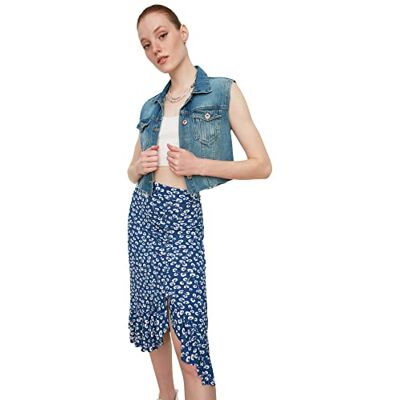 TWOSS21ET0029 Trendyol Damski wzór kwiatowy dziergana spódnica Skirt, niebieska, mała TWOSS21ET0029 Trendyol Damski wzór kwiatowy dziergana spódnica Skirt, niebieska, mała