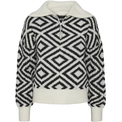 17145343 PIECES Damski sweter Pcsoph Ls Half Zip Knit Bc, Cloud Dancer/Detail:black Jacquard, M 17145343 PIECES Damski sweter Pcsoph Ls Half Zip Knit Bc, Cloud Dancer/Detail:black Jacquard, M
