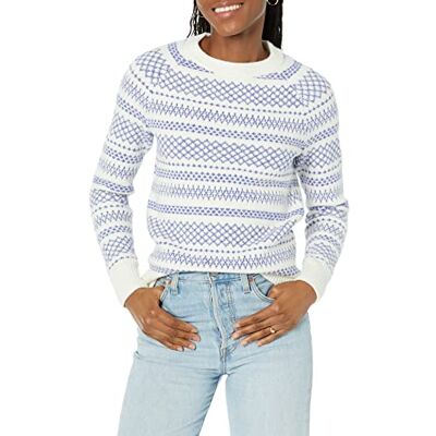 AEW30065F21A_Ivory, Graphic Fairisle Amazon Essentials Damski miękki w dotyku okrągły dekolt nowość sweter, niebieski biały graficzny Fairisle, L AEW30065F21A_Ivory, Graphic Fairisle Amazon Essentials Damski miękki w dotyku okrągły dekolt nowość sweter, niebieski biały graficzny Fairisle, L