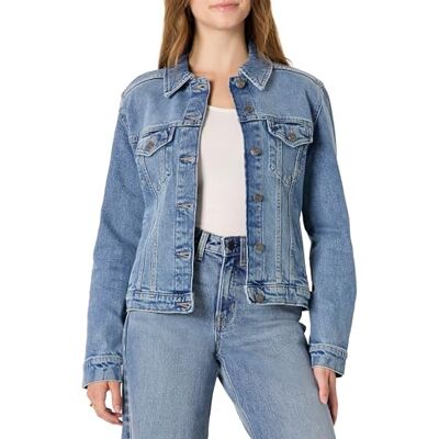 AEWM47457_Authentic Medium Wash Amazon Essentials Damska kurtka typu trucker o regularnym kroju z niskim stretchem i guzikami z przodu, Autentyczne średnie pranie, L AEWM47457_Authentic Medium Wash Amazon Essentials Damska kurtka typu trucker o regularnym kroju z niskim stretchem i guzikami z przodu, Autentyczne średnie pranie, L