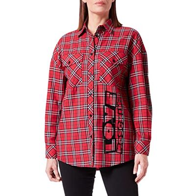 W C E52 01 T 366A Love Moschino Damska luźna koszulka z długim rękawem z kieszeniami na naszywkę na przodzie i z nadrukiem marki Maxi, Red Black White, 38 W C E52 01 T 366A Love Moschino Damska luźna koszulka z długim rękawem z kieszeniami na naszywkę na przodzie i z nadrukiem marki Maxi, Red Black White, 38