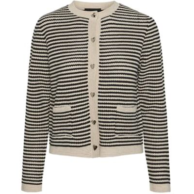 17153284 Pcnisa Knit Cardigan Pa Bc, Cloud Dancer/Stripes:black, M 17153284 Pcnisa Knit Cardigan Pa Bc, Cloud Dancer/Stripes:black, M