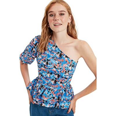 TWOSS20BZ1237 Trendyol Women's Blue Printing Single bluza z rękawami Blouse, 38 TWOSS20BZ1237 Trendyol Women's Blue Printing Single bluza z rękawami Blouse, 38