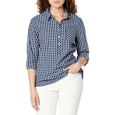 J2XMH365 Tommy Hilfiger Women's Long Sleeve Roll Tab Button Popover Shirt, True Blue Multi, XS J2XMH365 Tommy Hilfiger Women's Long Sleeve Roll Tab Button Popover Shirt, True Blue Multi, XS
