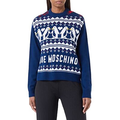 W S M36 10 X 1148 Love Moschino Damski regularny krój, długi rękaw, okrągły dekolt z napisem "Allover Love Hearts" Penguins Jacquard Intarsia Front and Back Pullover, niebieski, 40 W S M36 10 X 1148 Love Moschino Damski regularny krój, długi rękaw, okrągły dekolt z napisem "Allover Love Hearts" Penguins Jacquard Intarsia Front and Back Pullover, niebieski, 40