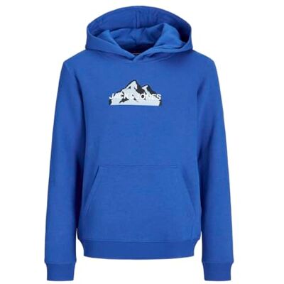 12268041 JACK&JONES JUNIOR Chłopięca bluza z kapturem Jcomountain Logo Sweat Hood Sn Mni, Lapis Blue/Print: Black/Blue Frog/White, 128 12268041 JACK&JONES JUNIOR Chłopięca bluza z kapturem Jcomountain Logo Sweat Hood Sn Mni, Lapis Blue/Print: Black/Blue Frog/White, 128