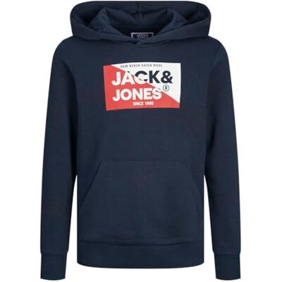 12259829 JACK&JONES JUNIOR Chłopięca bluza z kapturem Jjnolan Sweat Hood Jnr, Granatowy marynarka/nadruk: duży, 128 12259829 JACK&JONES JUNIOR Chłopięca bluza z kapturem Jjnolan Sweat Hood Jnr, Granatowy marynarka/nadruk: duży, 128