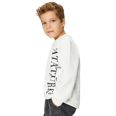 4WKB10655TK Koton Boys's Atatürk Printed Long Sleeve Crew Neck Cotton bluza z kapturem, Ecru (010), 11-12 Lat 4WKB10655TK Koton Boys's Atatürk Printed Long Sleeve Crew Neck Cotton bluza z kapturem, Ecru (010), 11-12 Lat