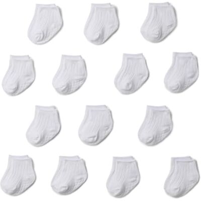 AEUB32583_White Amazon Essentials Unisex dziecięce antypoślizgowe prążkowane skarpety do kostki, 14 par, biały, 0-6 Months AEUB32583_White Amazon Essentials Unisex dziecięce antypoślizgowe prążkowane skarpety do kostki, 14 par, biały, 0-6 Months