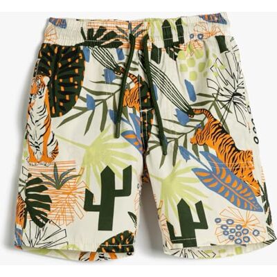 3SKB40111TW Koton Boys's Drawstring Tiger Printed Floral Cotton Shorts, Ecru Design (0d1), 6�7 lat 3SKB40111TW Koton Boys's Drawstring Tiger Printed Floral Cotton Shorts, Ecru Design (0d1), 6�7 lat
