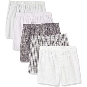 AECT47M5_Lilac, Mixed Print Amazon Essentials Męskie tkane bawełniane bokserki (dostępne w dużych i wysokich), 5 sztuk, Arrow Geo/Bright White/Olive Ditsy Floral/Plaid/White, S AECT47M5_Lilac, Mixed Print Amazon Essentials Męskie tkane bawełniane bokserki (dostępne w dużych i wysokich), 5 sztuk, Arrow Geo/Bright White/Olive Ditsy Floral/Plaid/White, S