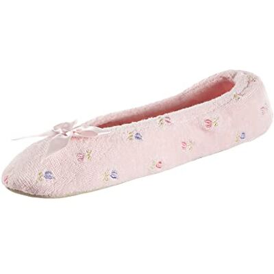 TI-96006-PNK-L Isotoner Damskie haftowane kapcie Terry Ballerina, Różowe, Duże TI-96006-PNK-L Isotoner Damskie haftowane kapcie Terry Ballerina, Różowe, Duże