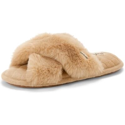 30826 Dearfoams Damskie pantofle Jessica Futry Crossband Slide, Latte Large 30826 Dearfoams Damskie pantofle Jessica Futry Crossband Slide, Latte Large