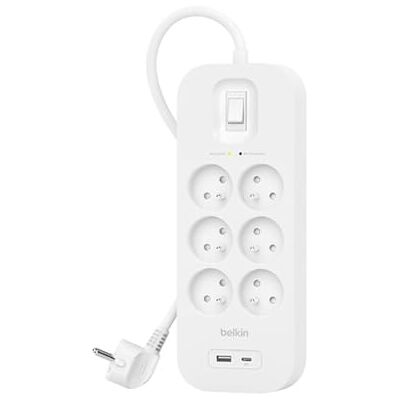 Belkin Listwa zasilająca z 6 gniazdami z ochroną przed przepięciem, montaż ścienny, 6 gniazd, kabel sieciowy 2 m, zielony wskaźnik świetlny, złącze USB-C i USB-A z USB-C PD do szybkiego ładowania Belkin Listwa zasilająca z 6 gniazdami z ochroną przed przepięciem, montaż ścienny, 6 gniazd, kabel sieciowy 2 m, zielony wskaźnik świetlny, złącze USB-C i USB-A z USB-C PD do szybkiego ładowania