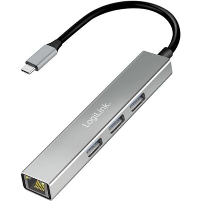 LogiLink Koncentrator USB 3.2 Gen1 z 3 x USB-A, 1 x adapter RJ45 Gigabit Ethernet, kompatybilny z Thunderbolt, transmisja danych do 5 Gb/s, Windows/MacOS/iOS/Android/Linux/Chrome OS LogiLink Koncentrator USB 3.2 Gen1 z 3 x USB-A, 1 x adapter RJ45 Gigabit Ethernet, kompatybilny z Thunderbolt, transmisja danych do 5 Gb/s, Windows/MacOS/iOS/Android/Linux/Chrome OS