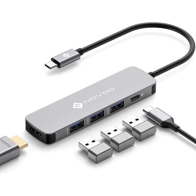 NOVOO Hub USB C na HDMI adapter USB z 3 USB 3.0, 100 W, szybkie ładowanie 4K HDMI, 5 w 1, aluminiowa przenośna stacja dokująca USB C, do Macbooka Pro, Chromebooka, Matebooka, laptopa typu C NOVOO Hub USB C na HDMI adapter USB z 3 USB 3.0, 100 W, szybkie ładowanie 4K HDMI, 5 w 1, aluminiowa przenośna stacja dokująca USB C, do Macbooka Pro, Chromebooka, Matebooka, laptopa typu C