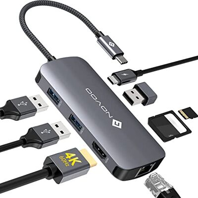 NOVOO USB C Hub, 8-w-1 Wieloportowa przejściówka HDMI 4K @ 60Hz, HUB Stacja dokująca z adapterem USB C z 1 Gb/s Ethernet, 100W PD, SD/Micro SD, USB 3.0 5 Gb/s Porty danych dla MacBook Pro/Air NOVOO USB C Hub, 8-w-1 Wieloportowa przejściówka HDMI 4K @ 60Hz, HUB Stacja dokująca z adapterem USB C z 1 Gb/s Ethernet, 100W PD, SD/Micro SD, USB 3.0 5 Gb/s Porty danych dla MacBook Pro/Air
