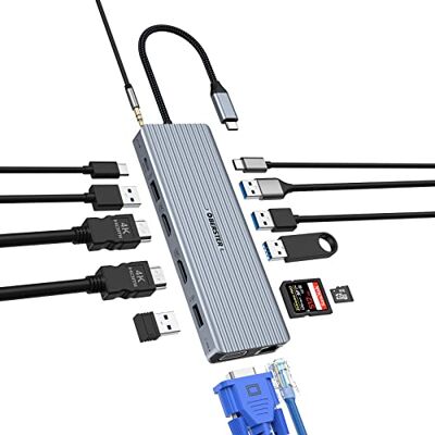 OOTDAY Hub USB C, 14 w 1, adapter USB C z potrójnym monitorem HDMI*2, VGA, 100 W PD, SD/TF, Ethernet, Audio/Mic, stacja dokująca do MacBook M1/M2, Thunderbolt 3, Windows OOTDAY Hub USB C, 14 w 1, adapter USB C z potrójnym monitorem HDMI*2, VGA, 100 W PD, SD/TF, Ethernet, Audio/Mic, stacja dokująca do MacBook M1/M2, Thunderbolt 3, Windows