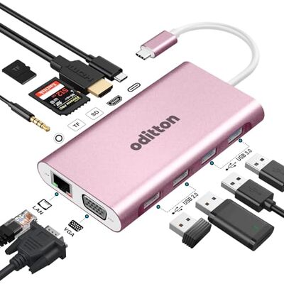 oditton Hub USB C, stacja dokująca 11 w 1 USB C z 4K HDMI, 4 USB A, VGA, 100 W PD, Ethernet, SD/TF, 3,5 mm audio, adapter USB C do Mac Pro/Air, Surface Pro i innych urządzeń typu C oditton Hub USB C, stacja dokująca 11 w 1 USB C z 4K HDMI, 4 USB A, VGA, 100 W PD, Ethernet, SD/TF, 3,5 mm audio, adapter USB C do Mac Pro/Air, Surface Pro i innych urządzeń typu C