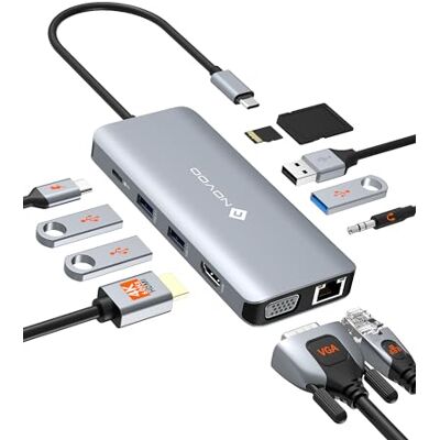 NOVOO Koncentrator dokujący USB C 11 w 1 do HDMI 4K, VGA, PD 100 W, USB 3.0/2.0, SD/TF, Ethernet RJ45, Audio, stacja dokująca USB C do MacBooka HP Dell NOVOO Koncentrator dokujący USB C 11 w 1 do HDMI 4K, VGA, PD 100 W, USB 3.0/2.0, SD/TF, Ethernet RJ45, Audio, stacja dokująca USB C do MacBooka HP Dell